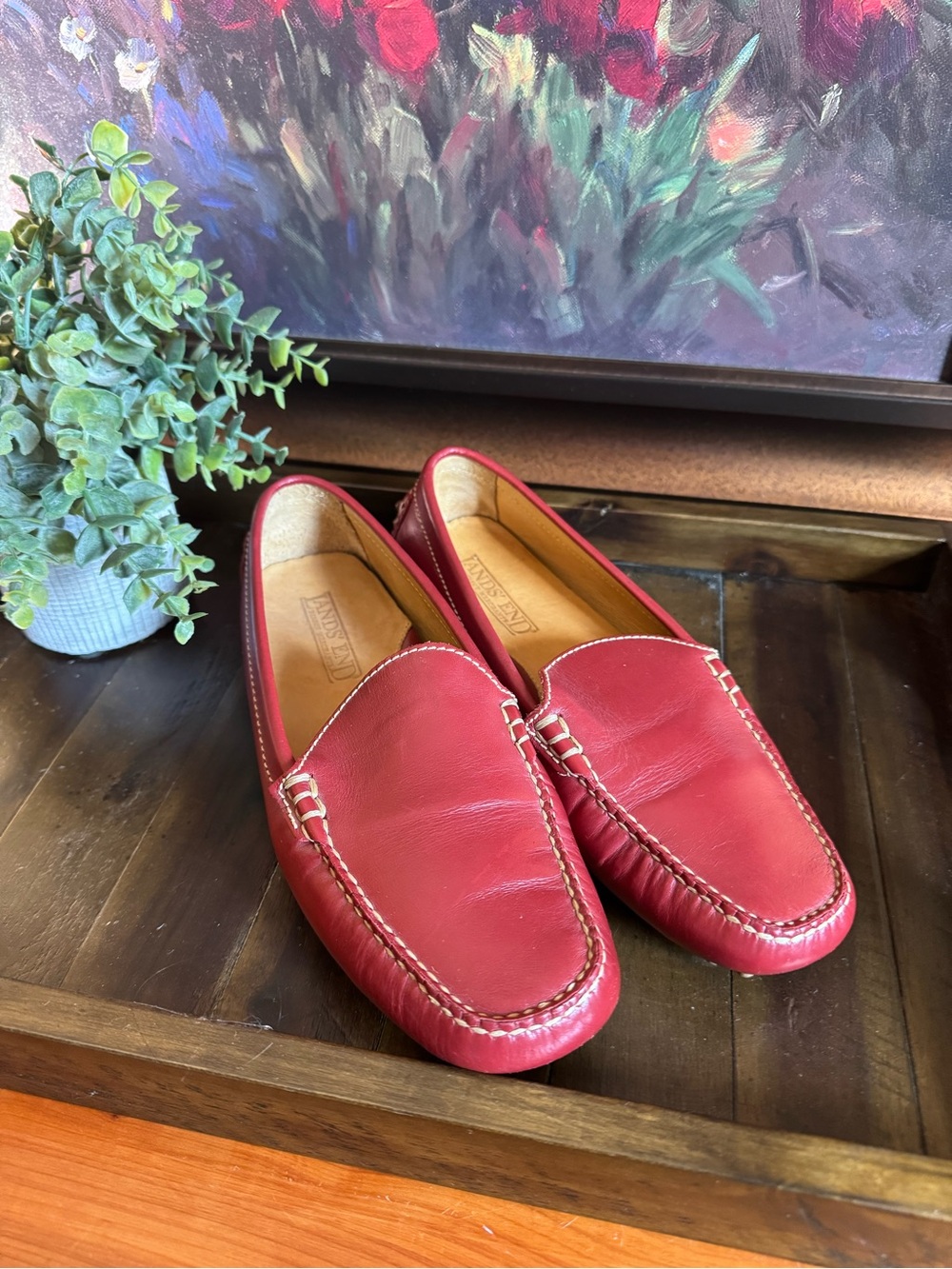 Lands' End Women's Red Leather Slip-On Loafers